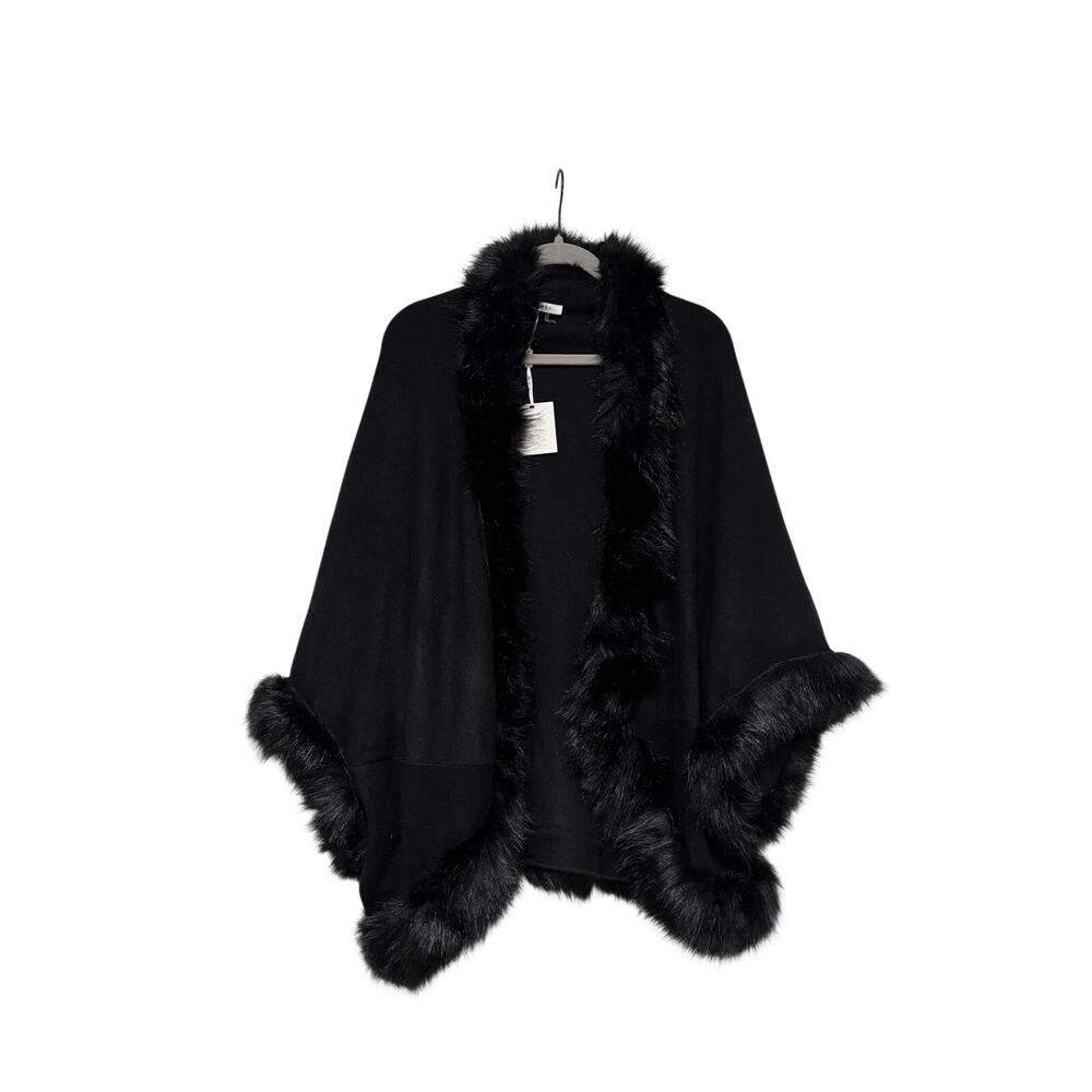 Sioni L/XL Black Faux Fur Trimmed Cape Poncho - Picture 2 of 9